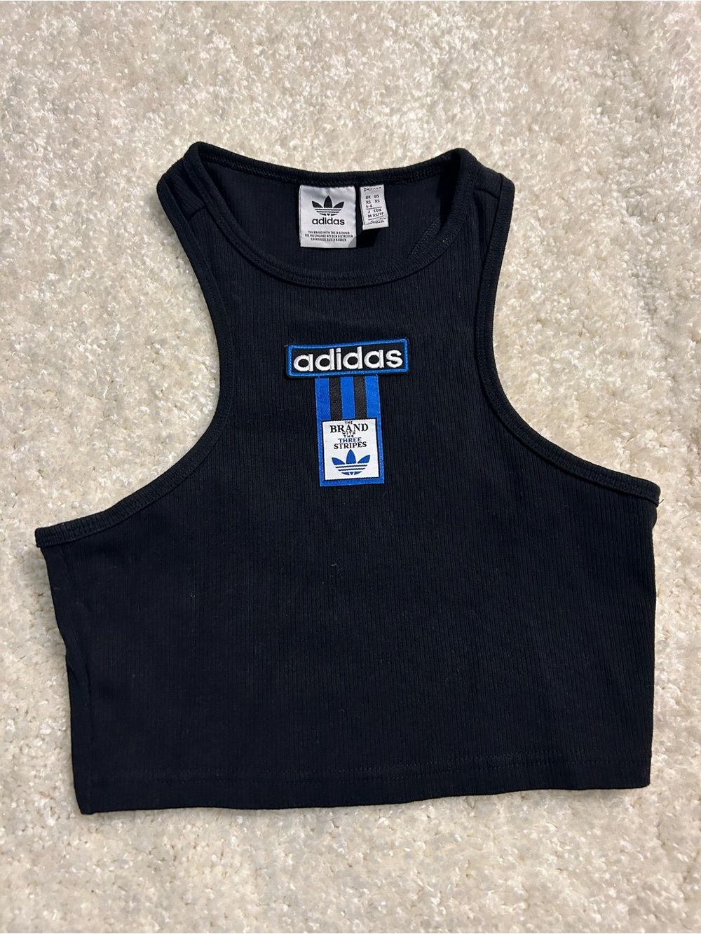 Adidas Women’s Black Ribbed Crop Tank Top with Blue Logo XS
